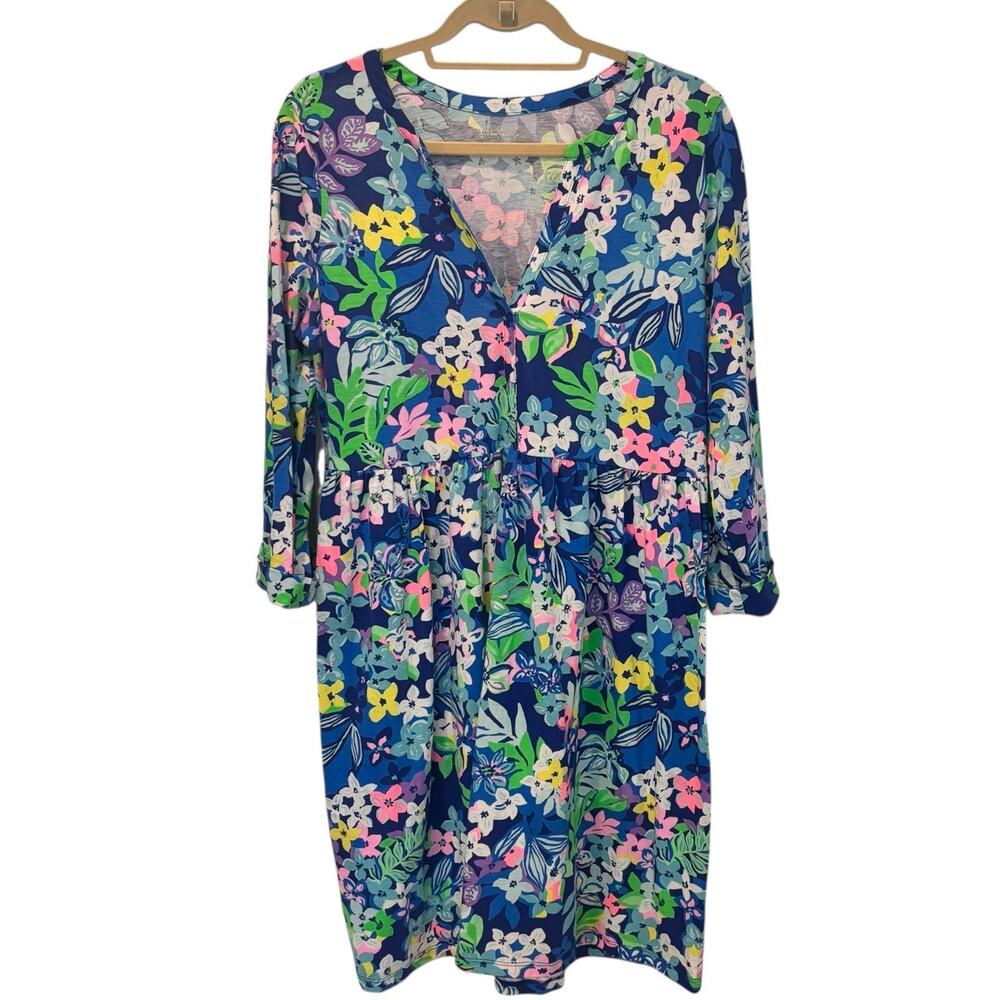 Lilly Pulitzer Floral Roll Sleeve Swing Dress Borealis Blue Jannie V Neck Medium